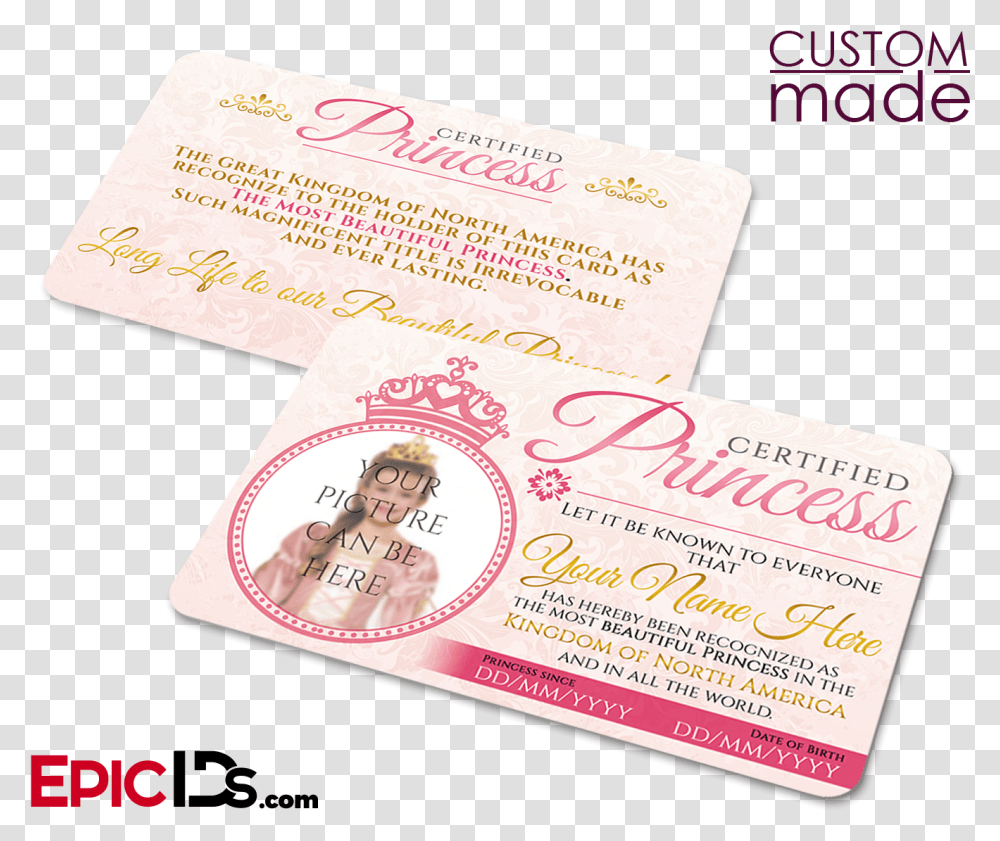 Certified Princess Id Card Photo PersonalizedClass Invitation, Paper, Business Card Transparent Png