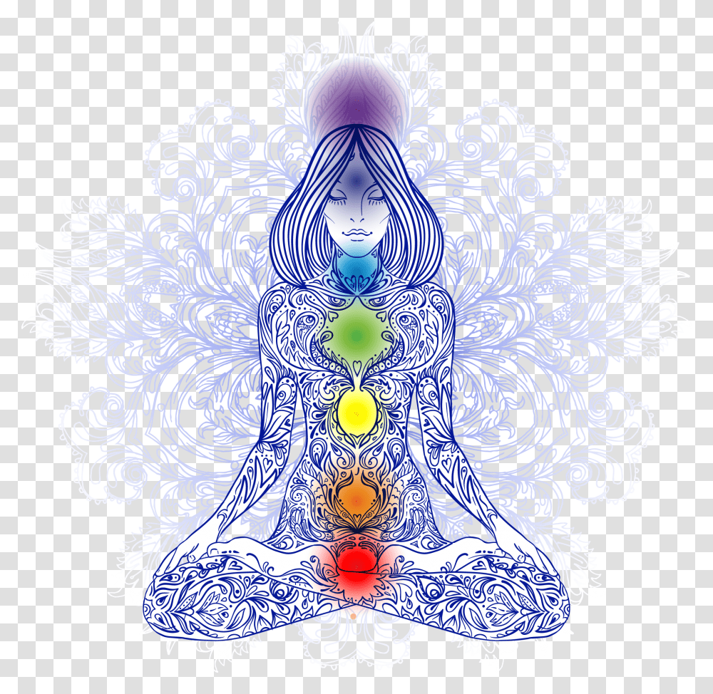 Chakra Meditation Lotus Position Woman Illustration Chakra Balancing, Ornament, Pattern, Fractal, Snowflake Transparent Png