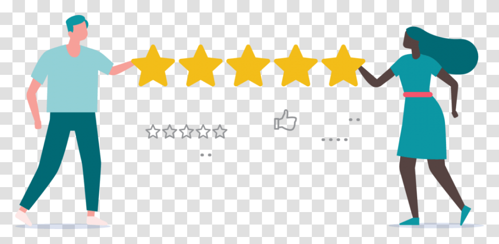 Characters Holding A Five Star Rating Illustrating Online Review, Person, Human, Star Symbol Transparent Png