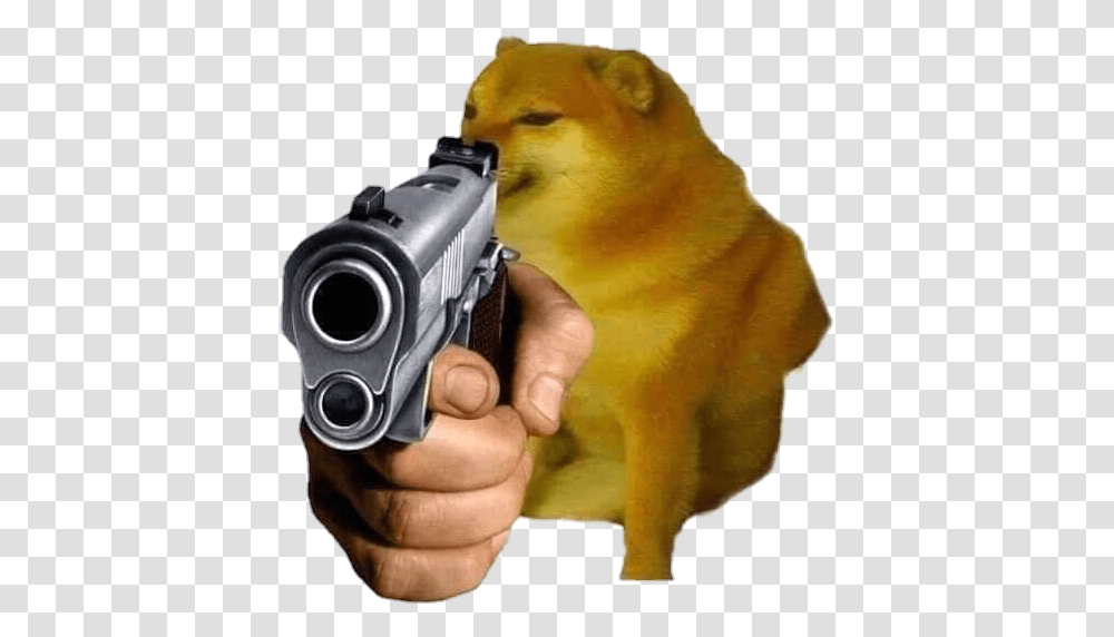 Cheems Doge Dog Pistol Pointing Meme Shitpost Nobackgro Hand Pointing Gun, Handgun, Weapon, Weaponry, Person Transparent Png
