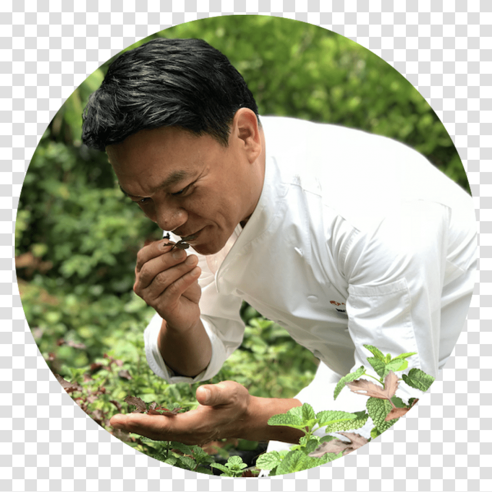Chef Ian Kittichai At Tangerine S Herb Garden Grass, Person, Outdoors, Finger, Plant Transparent Png