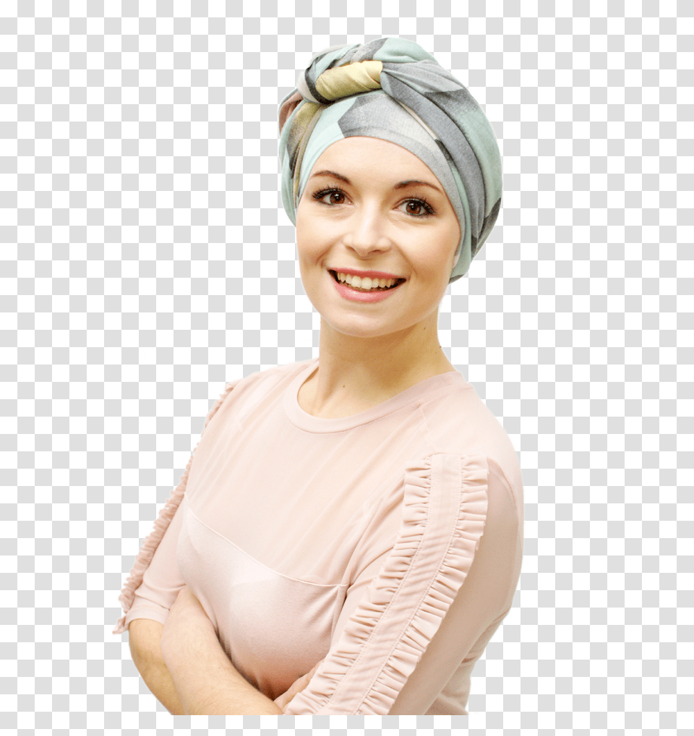 Chemo Headscarf In Mint And Grey Girl, Person, Headband, Hat Transparent Png