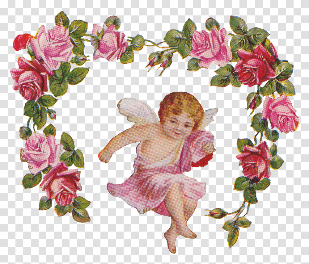 Cherub Angel Roses Vintage Flower Frame No Background, Floral Design, Pattern Transparent Png