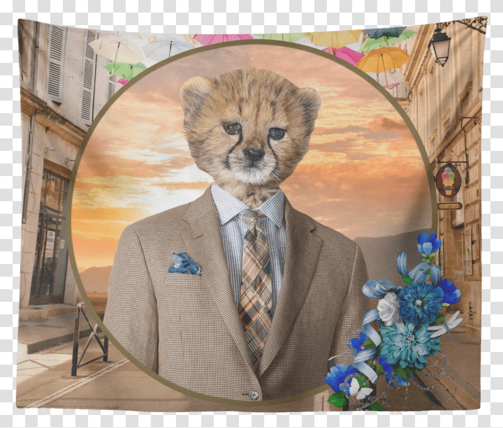 Chester Cheetah Tapestry Picture Frame, Tie, Suit, Person, Furniture Transparent Png