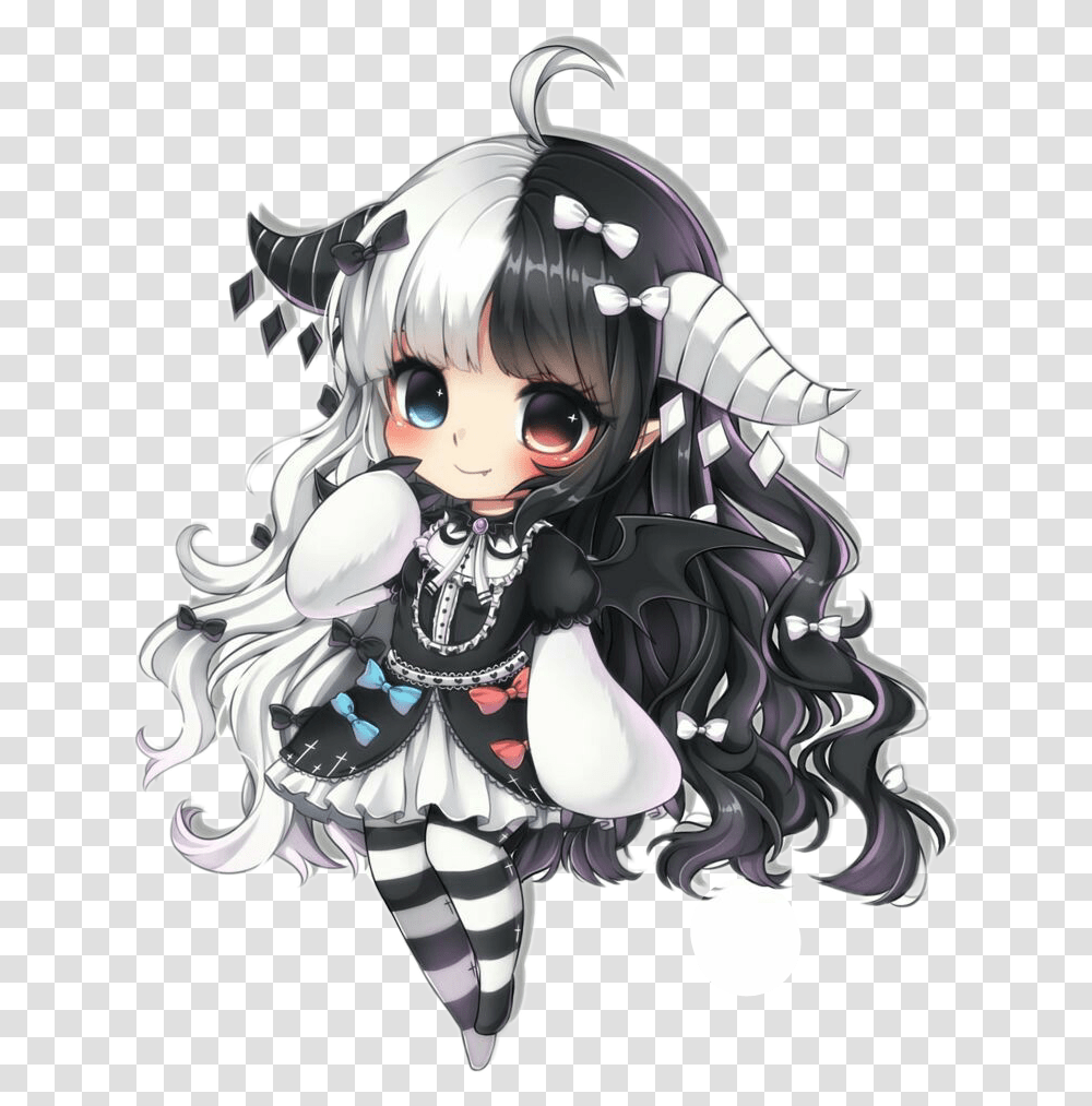 Chibi Demon Cute Blackblackandwhite Anime Kawaii Black And White Hair Anime Girl, Manga, Comics, Book, Person Transparent Png