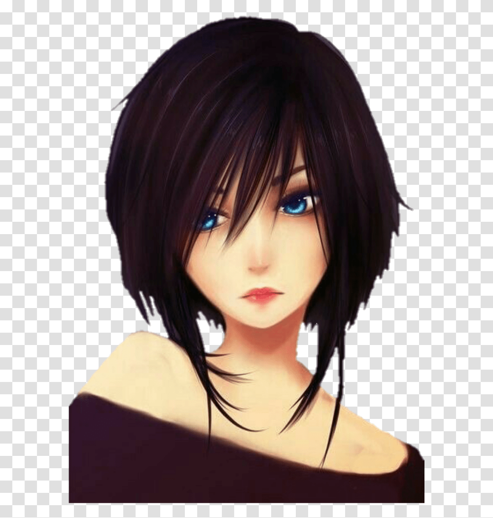 Chicas Girl Cute Anime Girl With Short Black Hair, Person, Human, Face Transparent Png