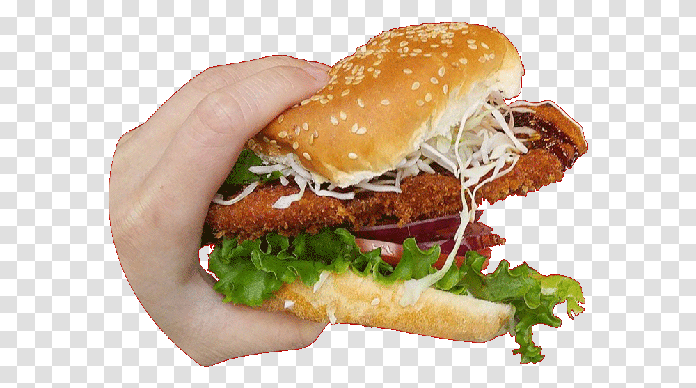 Chicken Katsu Burger Hand With Burger, Food, Person, Human, Sesame Transparent Png