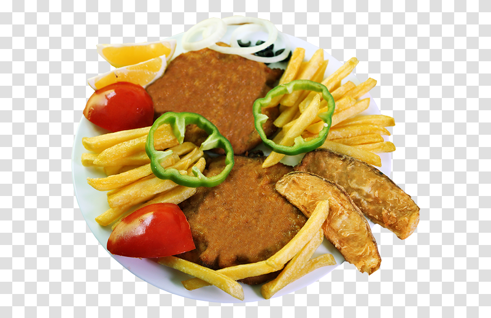 Chicken Scallop French Fries And Shami Kabab Brochure Style, Food, Meal, Plant, Sliced Transparent Png