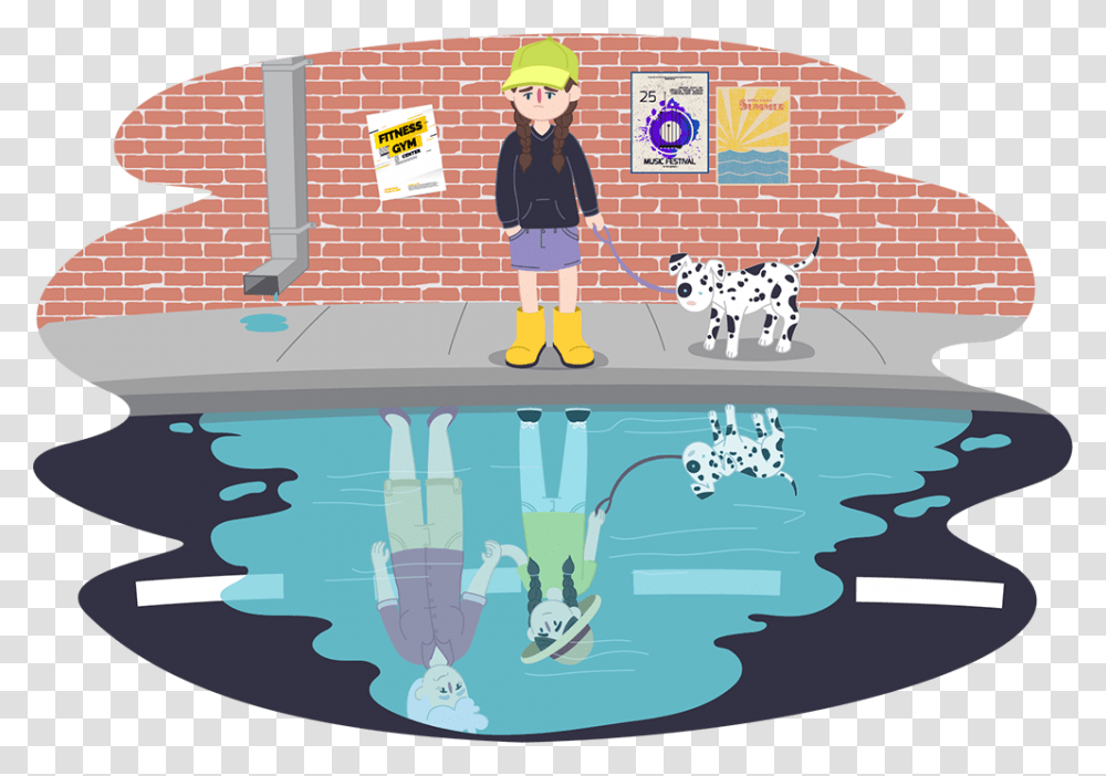 Child And Dog Looking In Puddle At Reflection Of Someone Illustration, Person, Helmet, Poster Transparent Png
