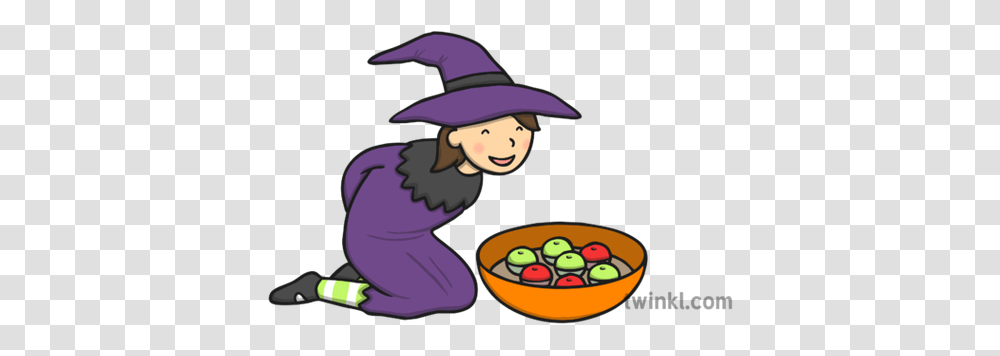 Child Dressed As Witch Bobbing For Apples Illustration Twinkl Clip Art, Bowl, Magician, Performer Transparent Png