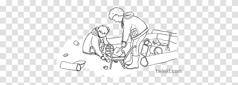 Children Playing In Yard Black And White Illustration Twinkl Line Art, Sled, Transportation, Vehicle Transparent Png