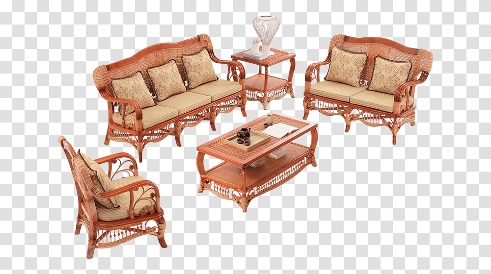 China Cane Wood Sofa Set Living Room Furniture, Chair, Table, Tabletop, Cushion Transparent Png