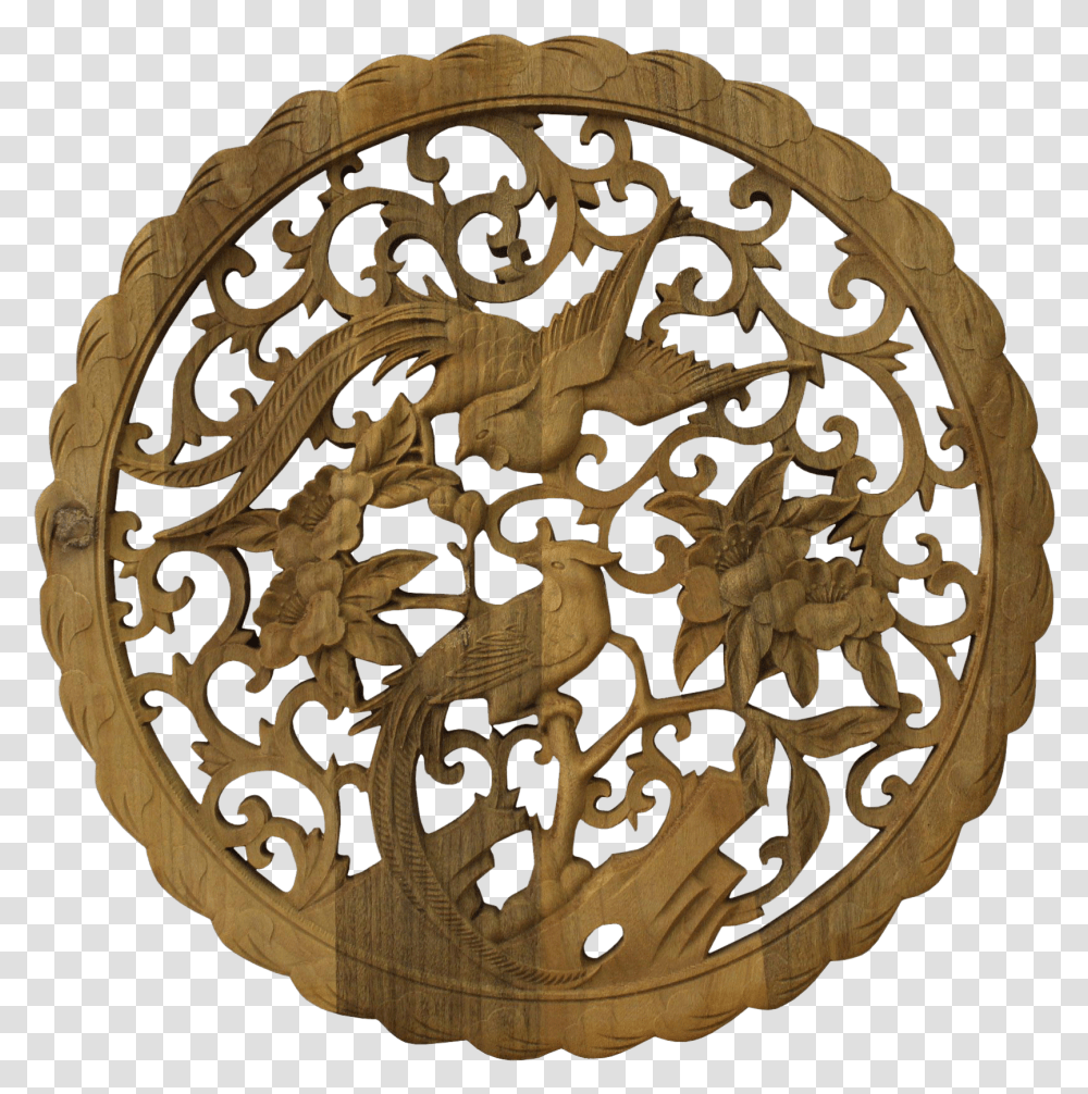 Chinese Round Wood Flower Birds Wall Plaque Hanging Panel Wood, Rug, Pattern, Machine, Bronze Transparent Png