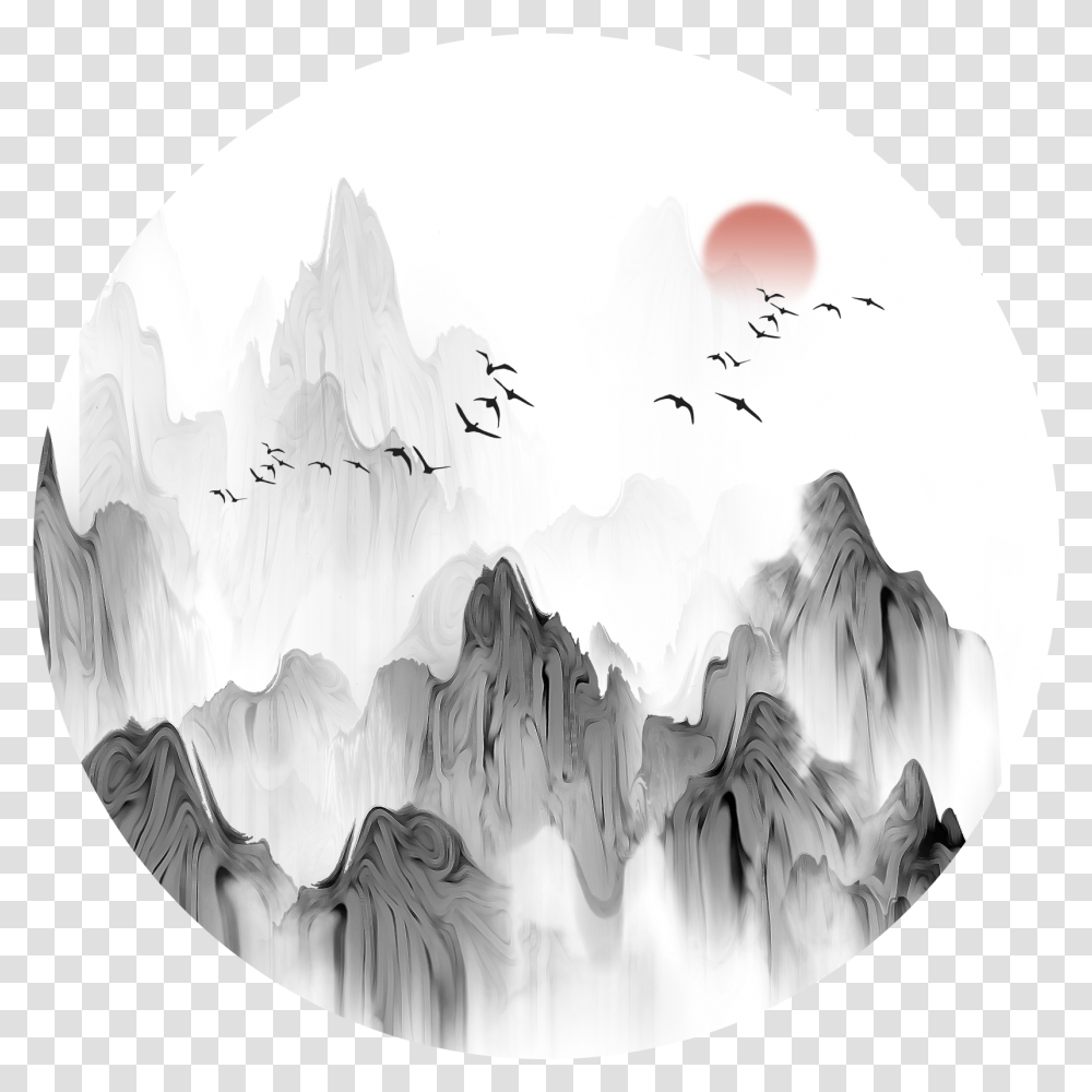 Chinese Style Landscape Ink Birds And Psd, Painting, Drawing, Outdoors Transparent Png