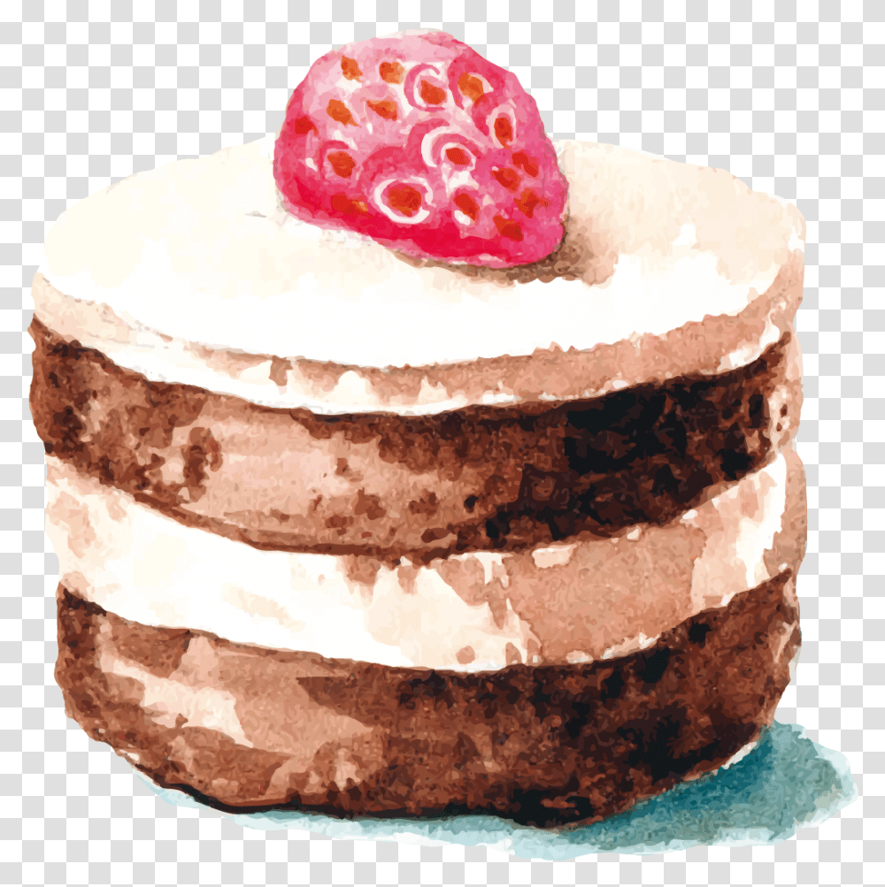 Chocolate Cake Strawberry Cream Cake Watercolor Painting Watercolor Cake Painting, Dessert, Food, Birthday Cake, Torte Transparent Png