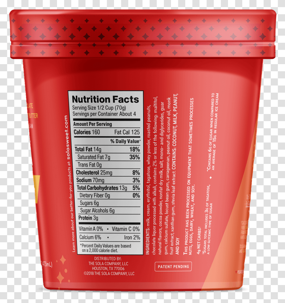 Chocolate Peanut Butter Icecream Nutrition Sola Ice Cream Keto, Menu, Cup, Tin Transparent Png