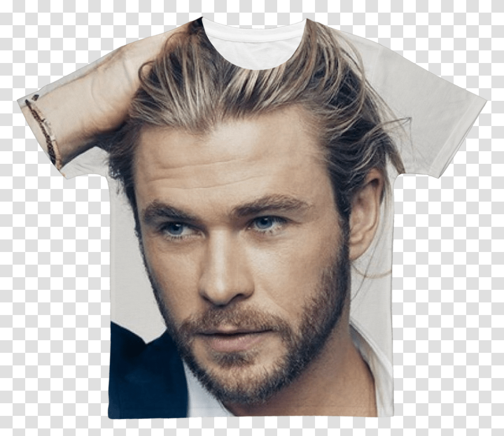 Chris Hemsworth Classic Sublimation Adult T Shirt Fine Hair Men Long, Face, Person, Head Transparent Png