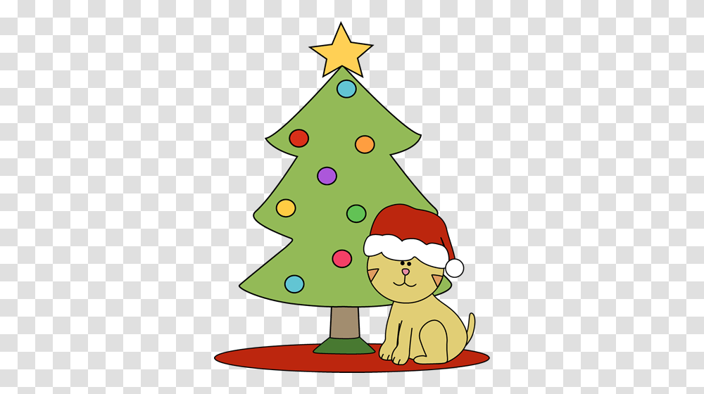 Christmas Cat Clipart Cat Sitting In Front Of Christmas Tree, Plant, Ornament, Star Symbol, Triangle Transparent Png
