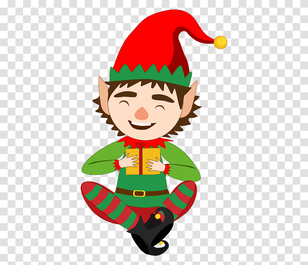 Christmas Elf With Present Clipart Cartoon, Hat, Clothing, Apparel, Party Hat Transparent Png