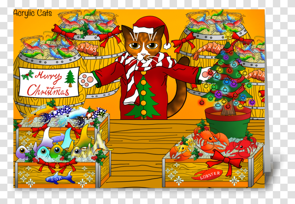 Christmas Fish Market Stall Cat Greeting Card Cartoon, Person, Human, Doodle, Drawing Transparent Png
