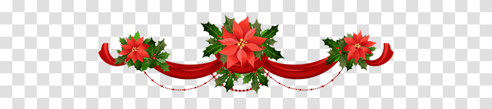 Christmas Garland With Poinsettias Clipart, Leaf, Plant, Tree, Flower Transparent Png