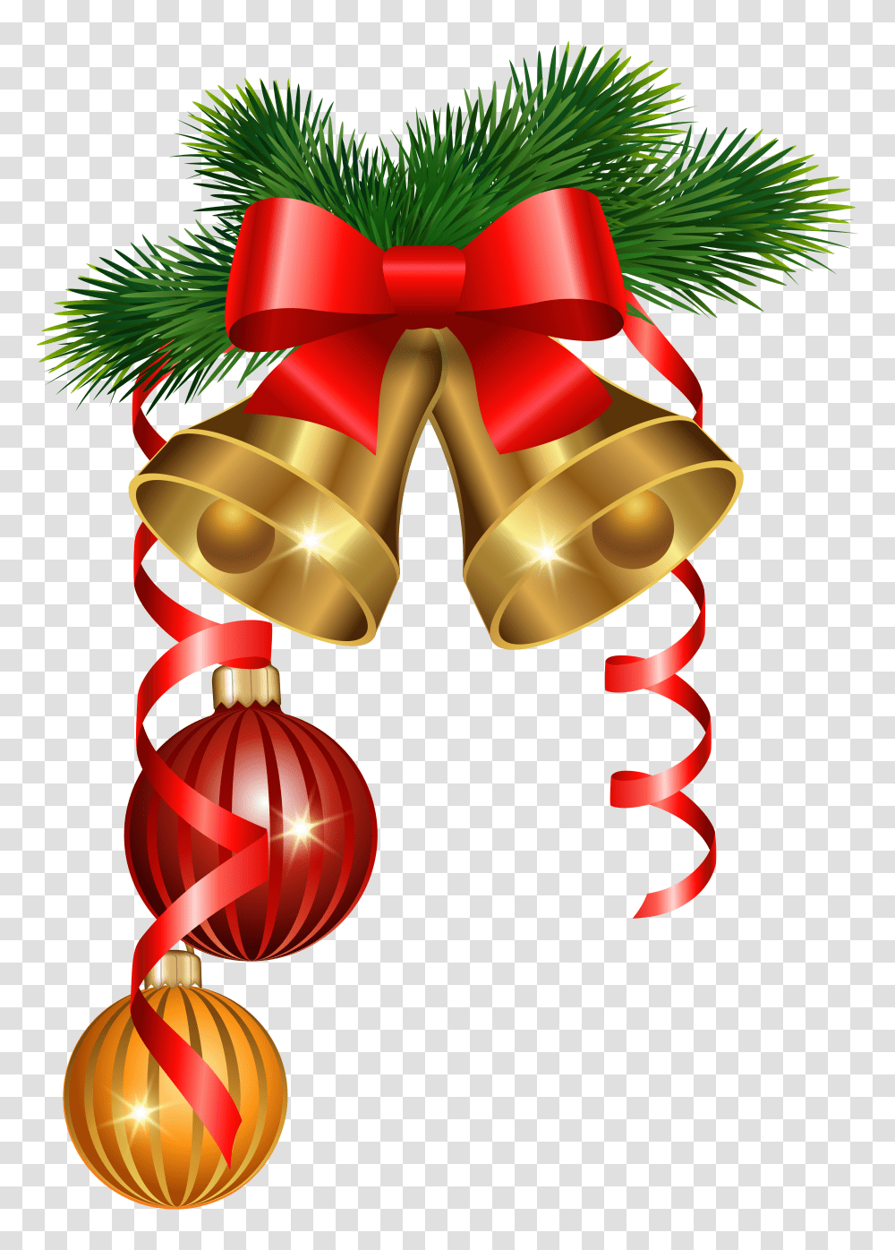 Christmas Golden Bells And Ornaments Clipart Image Background Christmas Bell, Label, Text, Graphics, Tree Transparent Png
