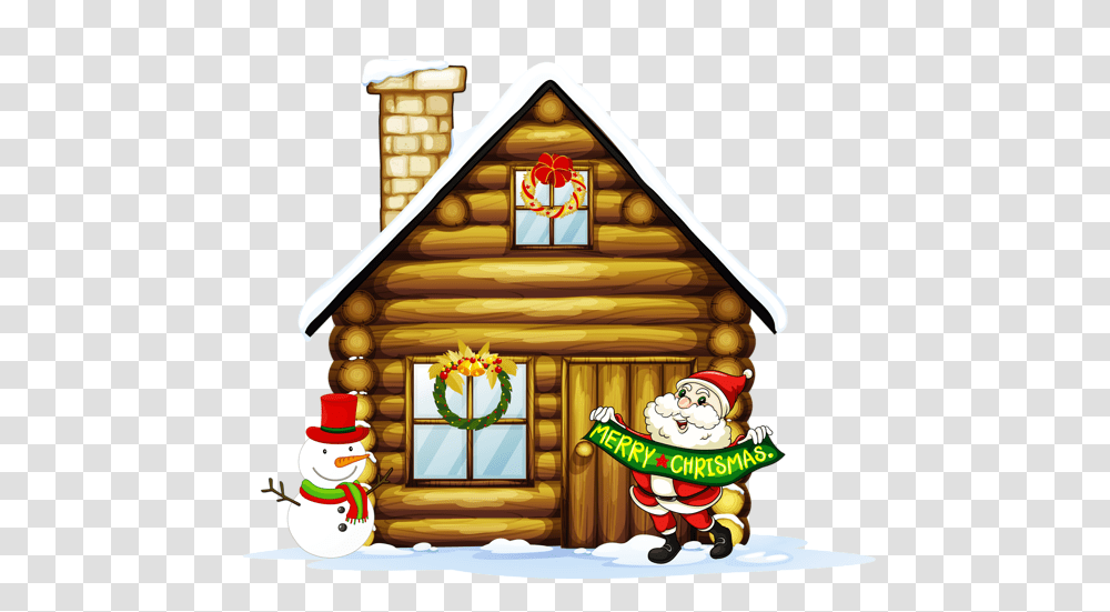 Christmas House With Santa And Snowman Clipart Its, Housing, Building, Cabin, Log Cabin Transparent Png