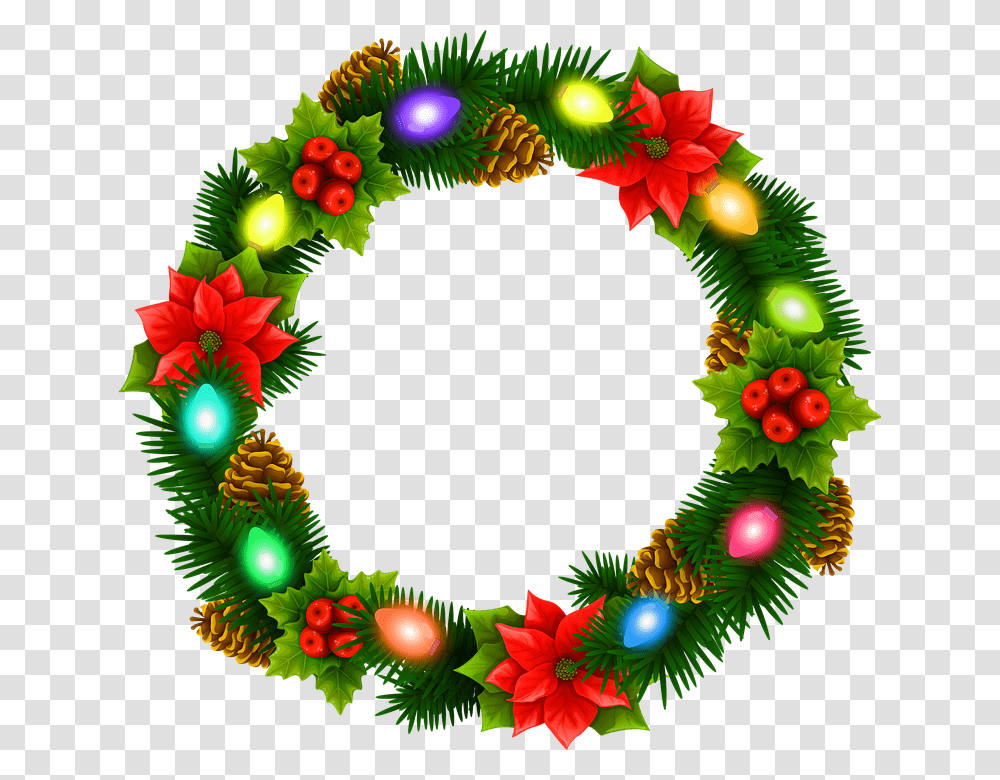 Christmas Lights Wreath Christmas Garland Wreath Background Christmas Reef Clipart, Green, Christmas Tree, Ornament, Plant Transparent Png