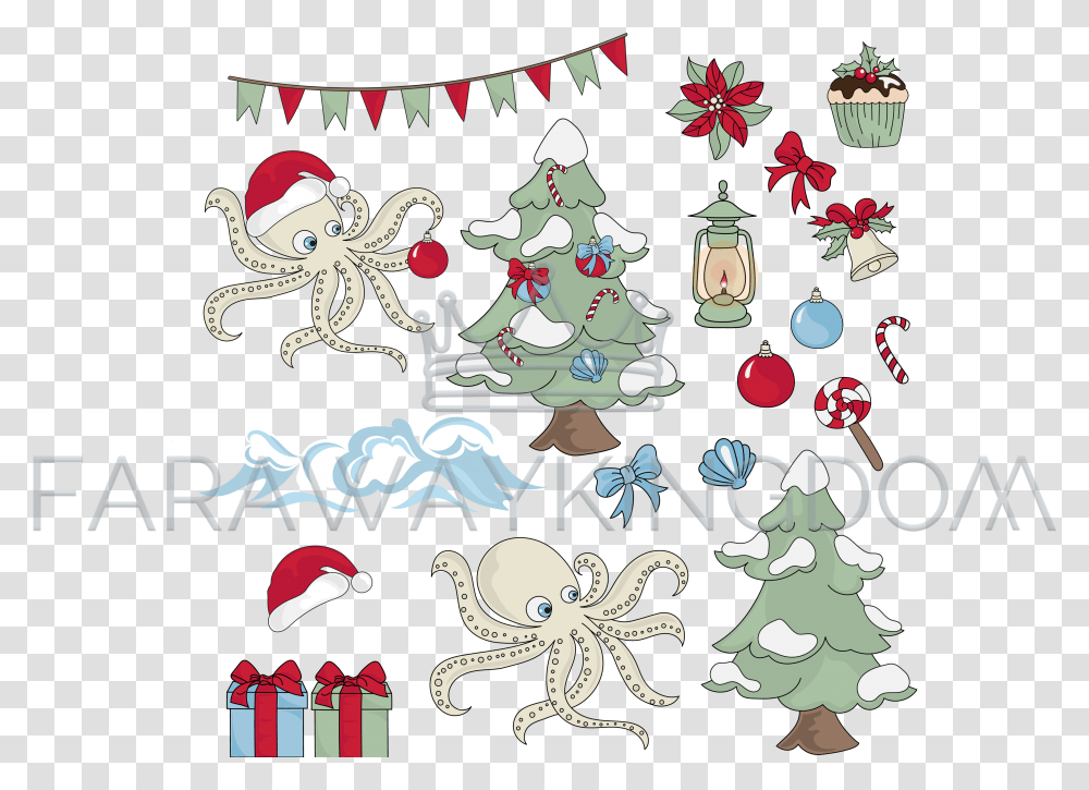Christmas Octopus Underwater Cartoon Vector Illustration Set Dibujo Pulpo Navidad, Tree, Plant, Ornament, Christmas Tree Transparent Png