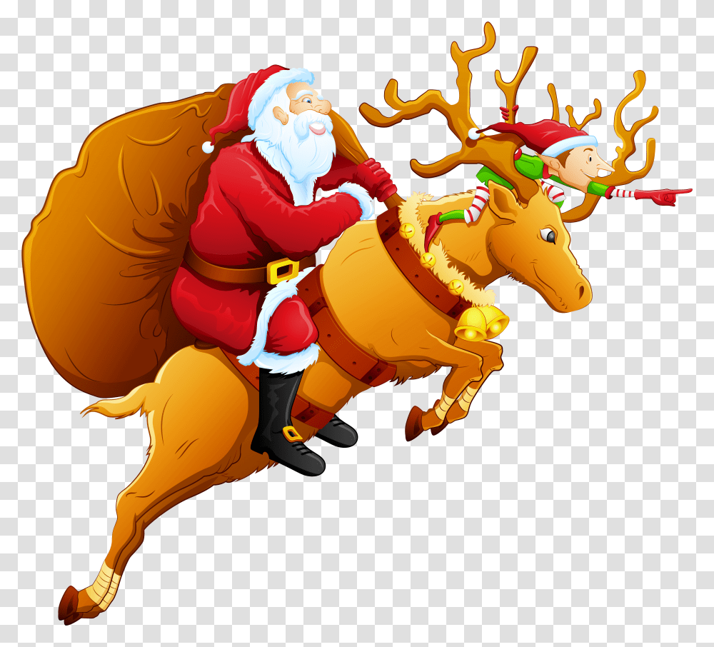 Christmas Santa And Reindeer Clip Art Clipart Santa On A Reindeer, Person, Graphics, Animal, Costume Transparent Png