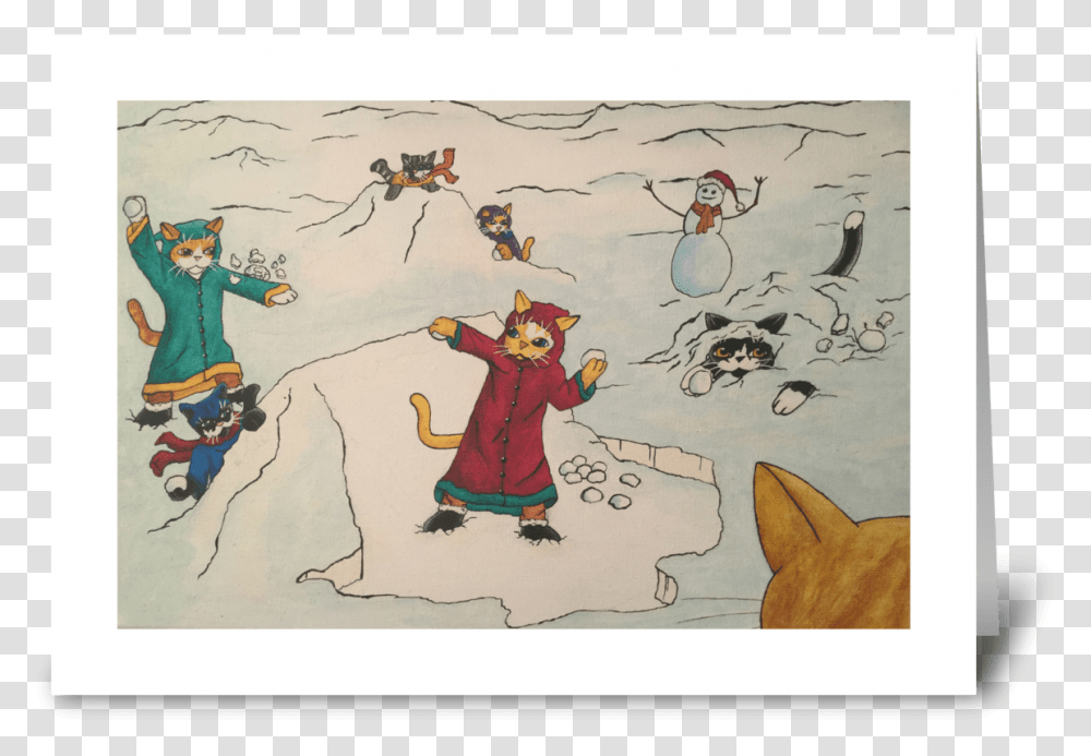Christmas Snowball Fight Cats Greeting Card Snowball, Person, Bird, Painting Transparent Png