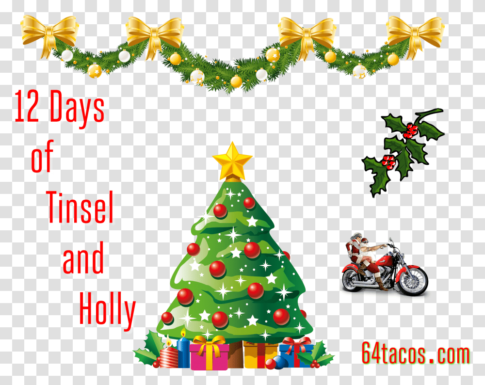 Christmas Tinsel December Christmas Tree Clipart, Plant, Motorcycle, Person, Ornament Transparent Png