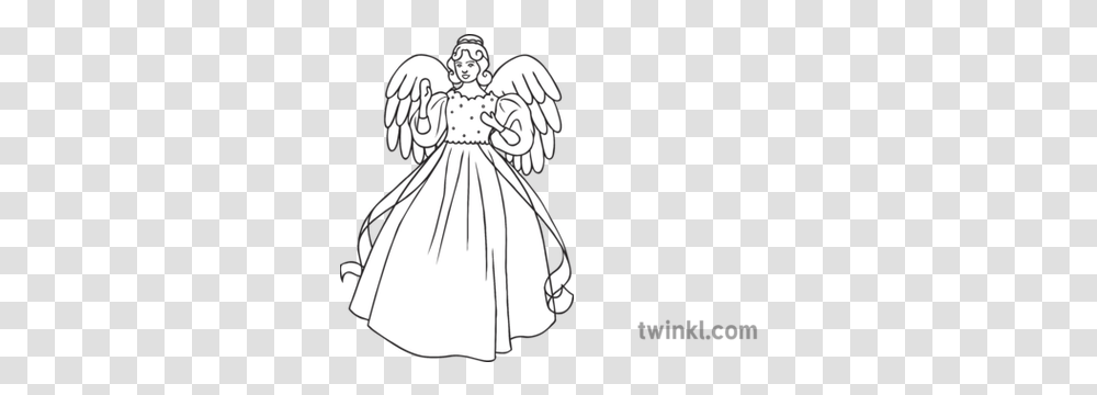 Christmas Tree Angel Black And White Illustration Twinkl Gray Crowned Crane Drawing, Art, Archangel, Person, Human Transparent Png