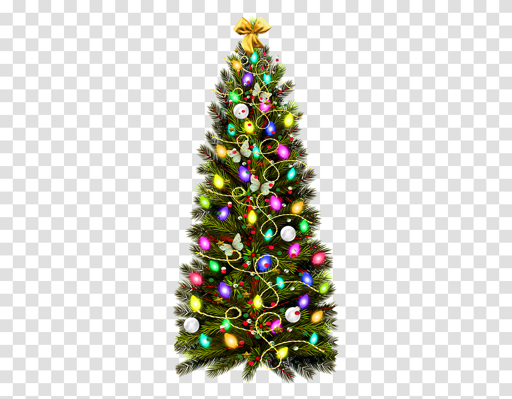 Christmas Tree Decorations Lights Green Christmas Tree With Decorations, Ornament, Plant, Lighting, Grove Transparent Png