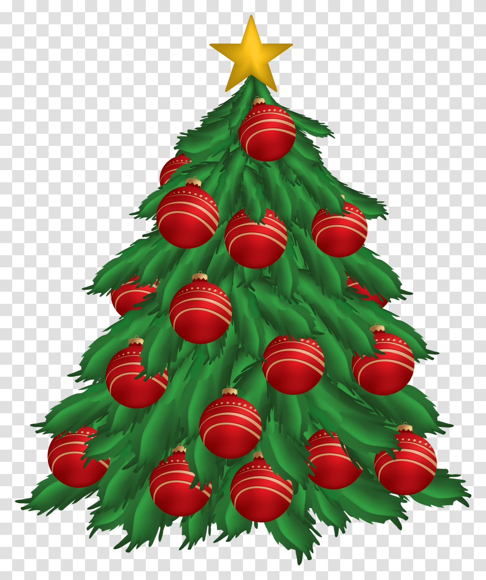 Christmas Tree With Red Christmas Ornaments Clipart Free Greetings Christmas New Year, Plant, Lighting, Star Symbol Transparent Png