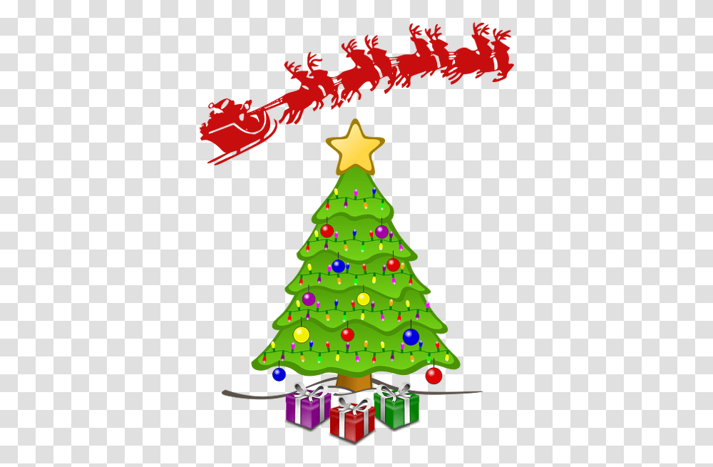 Christmas Treesantasleigh Free Clip Art For Download Christmas Tree Drawing Free, Plant, Ornament, Vegetation, Outdoors Transparent Png