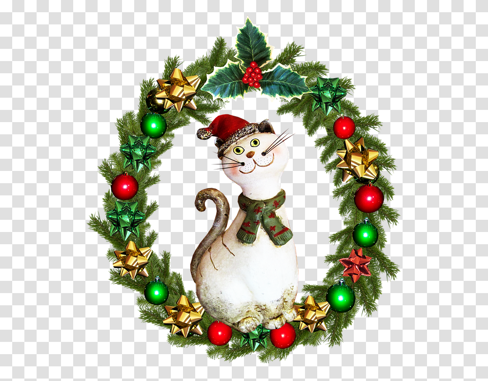 Christmas Wreath Cat Christmas Wreath And Cat, Christmas Tree, Ornament, Plant Transparent Png
