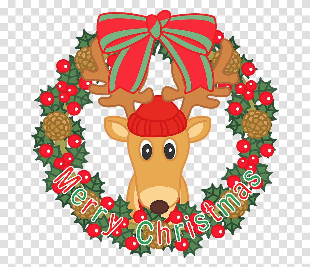 Christmas Wreath With Reindeer Clipart Free Download Reindeer Christmas Cartoon Cute Reindeer, Text, Cattle, Mammal, Animal Transparent Png