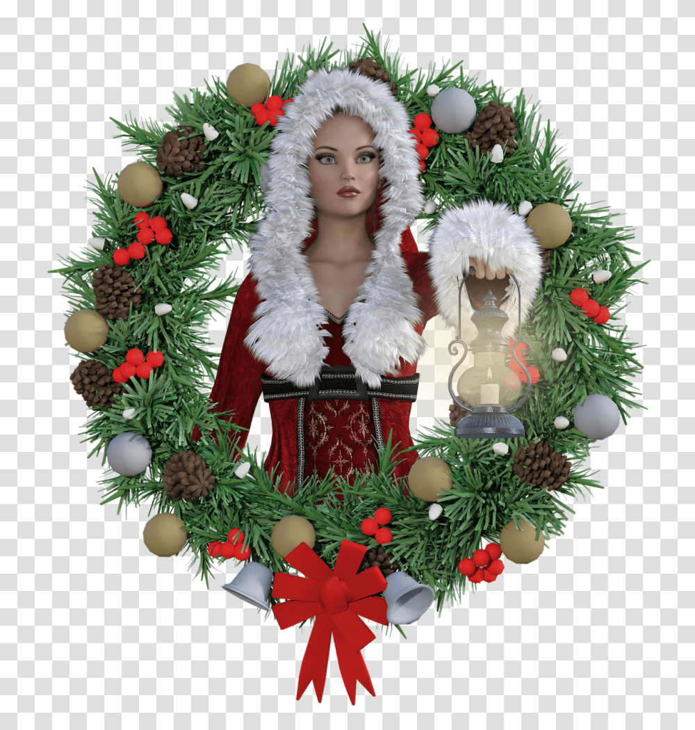Christmas Wreath Women Fantasy Christmas Wreath Background, Christmas Tree, Ornament, Plant, Green Transparent Png