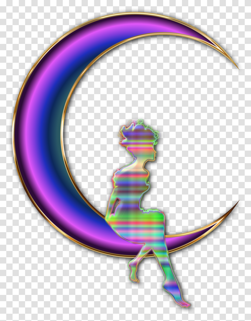 Chromatic Fairy Sitting On Crescent Moon Enhanced No Background, Light, Outdoors Transparent Png