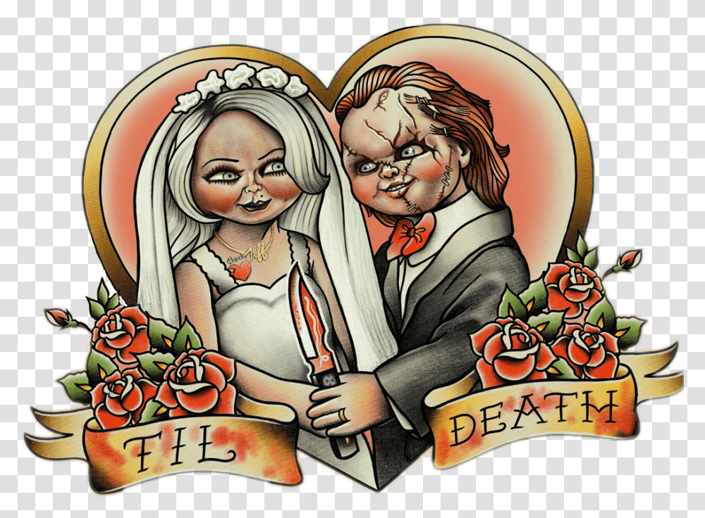 Chucky Tiffany Bride Wedding Love Horror Grunge Chucky And Tiffany In Love, Person, Label, Hand Transparent Png
