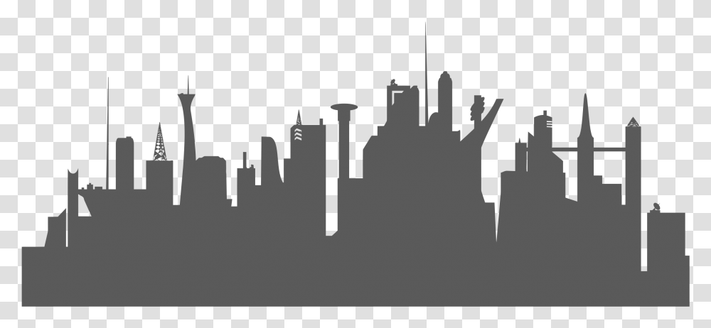 City Skyline Clipart Futuristic City Skyline Silhouette, Text, Stencil, Glass Transparent Png