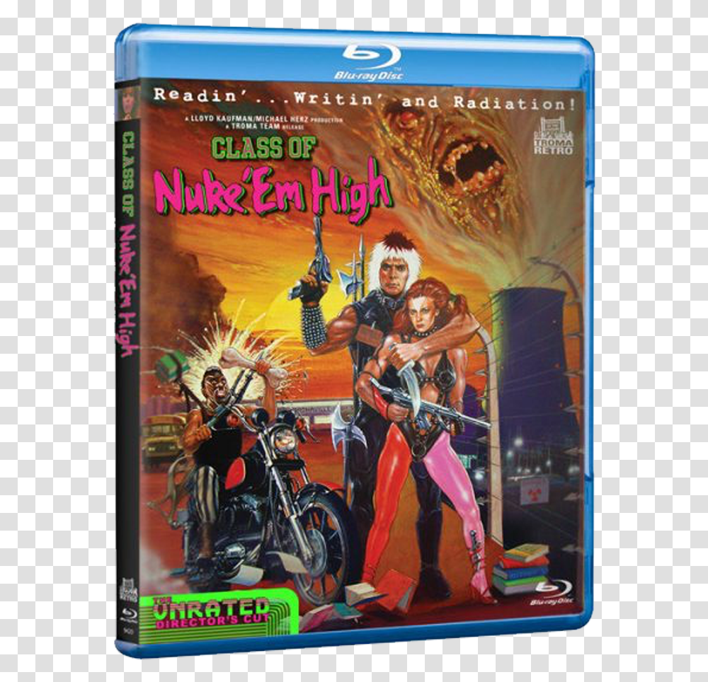 Class Of Nuke Em High Poster, Motorcycle, Vehicle, Transportation, Person Transparent Png
