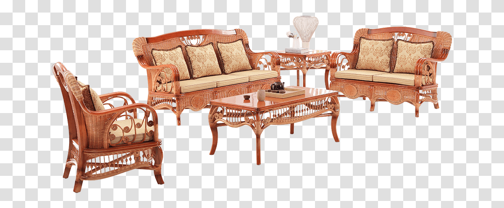 Classic Home Furniture Cane Wood Sofa Set Living Room Studio Couch, Chair, Table, Coffee Table, Pillow Transparent Png