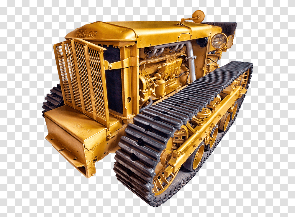 Cletrac Dozer Yellow Chains Caterpillar Construction Vehicle With Tracks, Bulldozer, Tractor, Transportation, Machine Transparent Png
