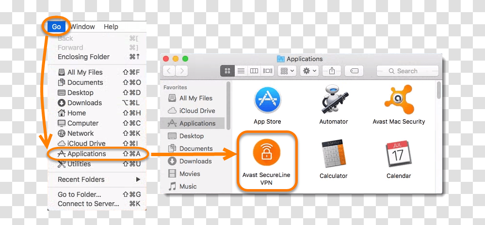 Click Go On The Menu Bar And Select Applications Avast Secureline Vpn Mac, Electronics, File, Webpage Transparent Png