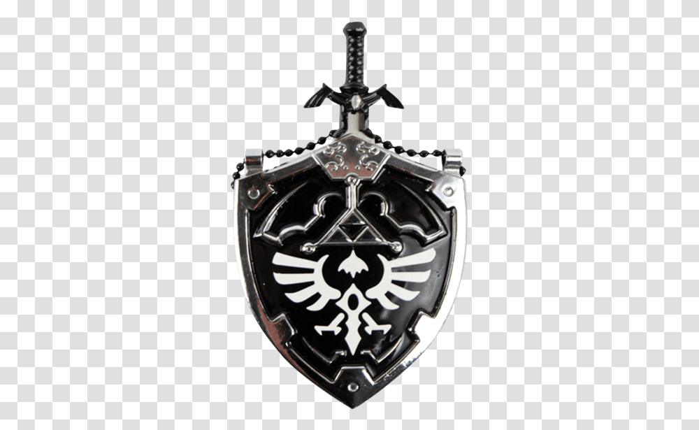 Clip Art Black Master Sword Necklace Zelda Shield And Sword Black, Armor, Emblem, Wristwatch Transparent Png