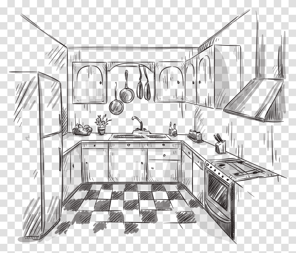 Clip Art Collection Of Free Drawing Kitchen Sketch, Interior Design, Indoors, Room, Furniture Transparent Png