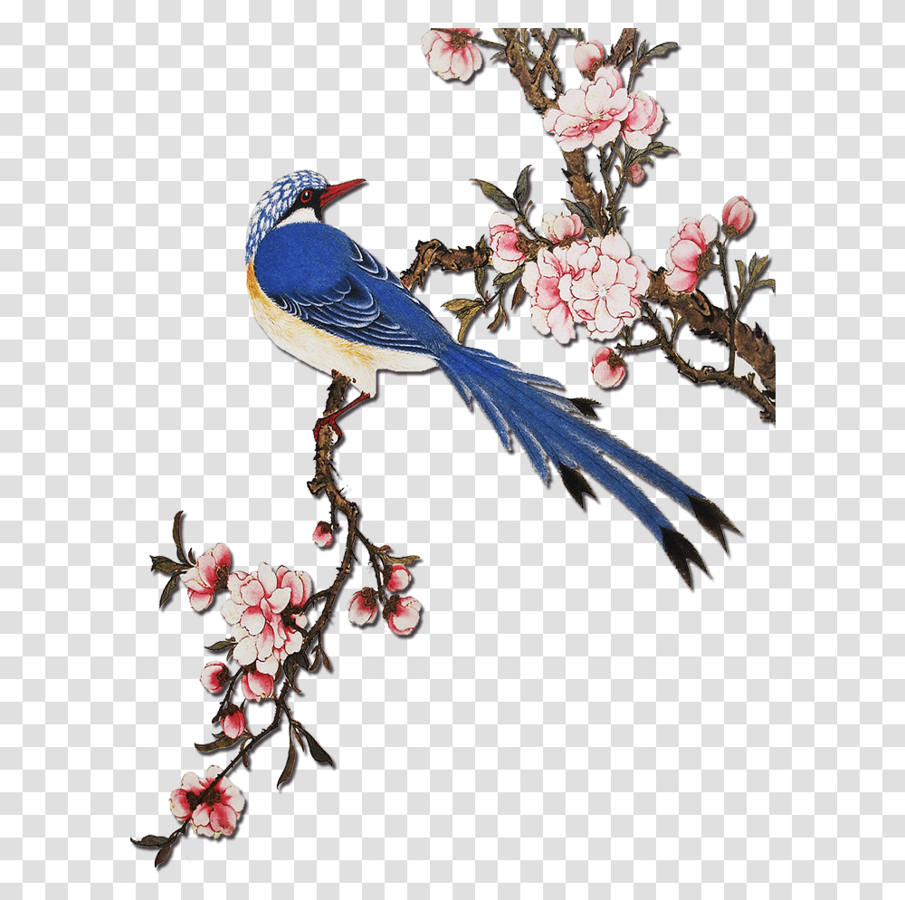 Clip Art Flowering Peach Tree Chinese Flowers And Birds, Bluebird, Animal, Jay, Blue Jay Transparent Png
