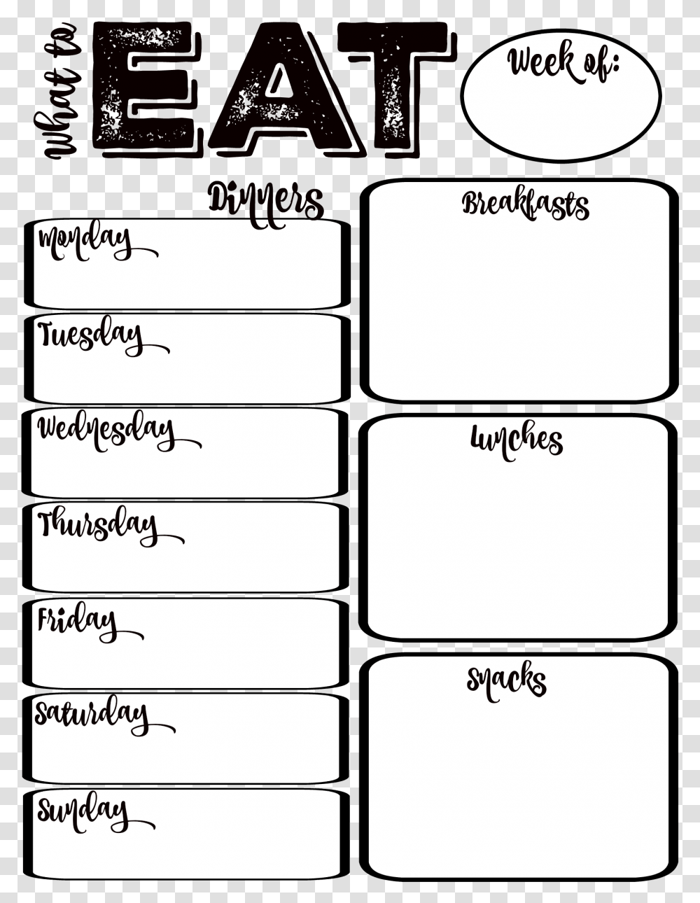 Clip Art Free Printable Meal Planner Template Printable Black And White Planner, Word, Page, Number Transparent Png